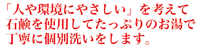 人や環境にやさしいを考えて石鹸を使用してたっぷりのお湯でげ丁寧に個別洗いをします。